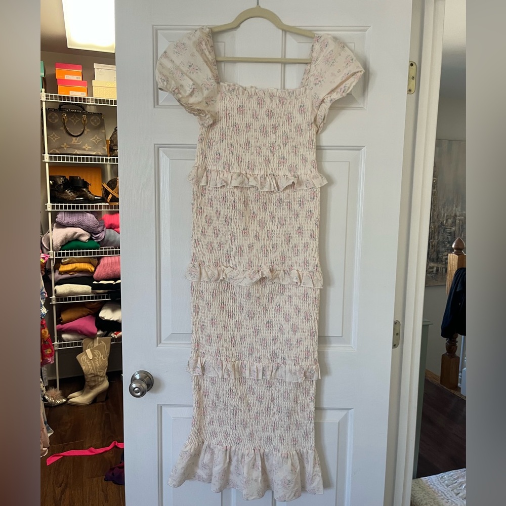 Cream pink + blue smocked stretch dress